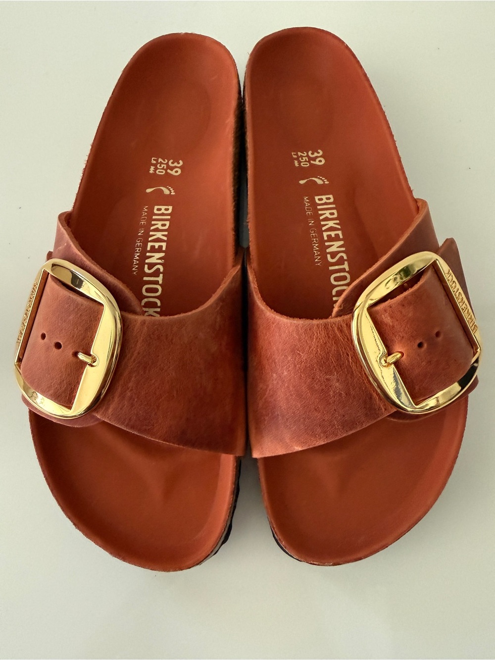 BIRKENSTOCK Big Buckle Madrid Slides Sandals Oiled Leather Burnt Orange 39